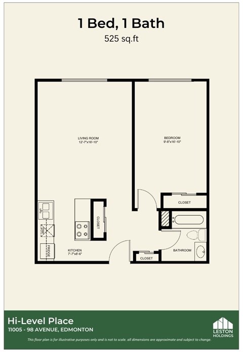 Floor plan for 1 bed, 1 bath, 550 sqft